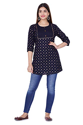 Image of Shiva Fab Short Kurti for Women | Embroidered Straight Rayon Kurta | Round Neck Full Sleeves Short Kurti for Women's (Small, Black & Blue Gold-2 Pack)