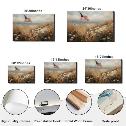 Image of RIBNTAK Vintage American Flag Canvas Wall Art, Rustic Field Landscape Artwork Print for 4th of July Decorations, Patriotic Decor Collection Perfect for Independence Day Bedroom Home Decor