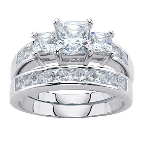 Palm Beach Jewelry Platinum Plated Princess Cut Cubic Zirconia 2 Piece Bridal Ring Set Size 6