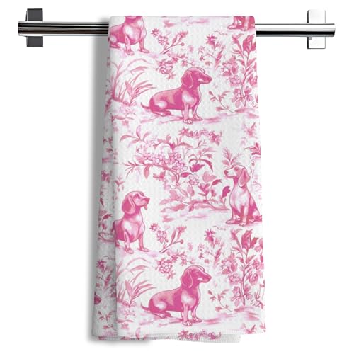 Nipi Pink Chinoiserie Dachshund Kitchen Towels, Pink Floral Botanical Dachshund Decorative Dish Tea Towels, Grandmillennial Weiner Dog Hand Towels for Kitchen Bathroom, 16x24 Inch