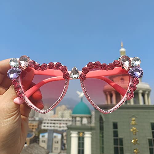 Willochra Heart Shaped Rhinestone Sunglasses Women Fashion Diamond Bling Party Sun Glasses Crystal Shades (Pink) #TOP1