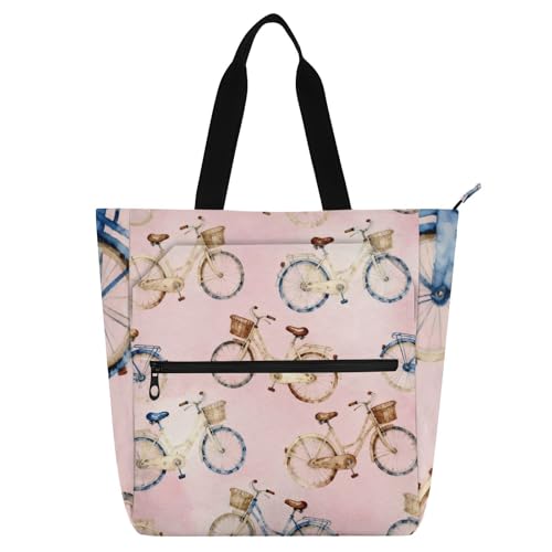 Sac fourre-tout réutilisable anti-chute zippé motif vélo rétro pour shopping et école