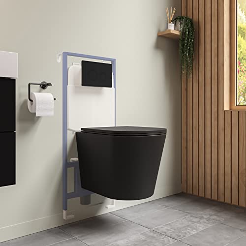 Verona Matt Black Wall Hung Rimless Toilet with Soft Close Seat Cistern Frame and Black Flush