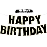 RICHHHA Pre-Strung Black Gold Happy Birthday Banner Happy Birthday Backdrop Sign Garland Rainbow Party Supplies Holiday Decorations for Women Men Boys Girls,NO-DIY