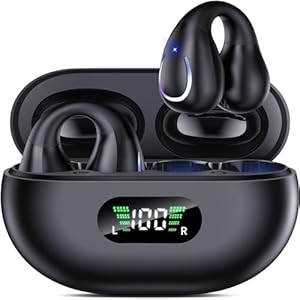 Open Ear Clip Wireless Earbuds Bluetooth 5.3, Sports Earphones Built-in Microphone with Earhooks & Ear Hook, Wireless Charging Case & Display, Waterproof Fitness Headphones for Exercise