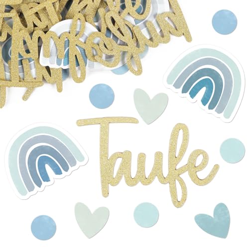 BETESSIN Tischdeko Taufe Junge Blau - 100 Stück Streudeko Taufe Konfetti mit Boho-Regenbogen & Herzen Motiven - Taufdeko für Junge & Mädchen