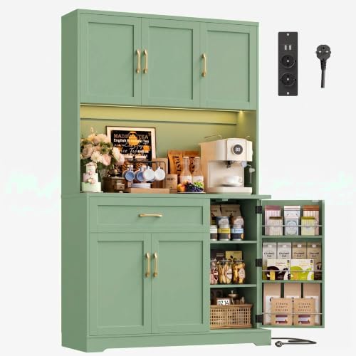 FirFurd Küchenschrank, Buffetschrank mit LED, Gewürzregal, Steckdosenleiste | Küchenschrank 100cm breit mit Arbeitsplatte, Vorratsschrank, Küchenbuffet, Sideboard für Küche, Wohnzi