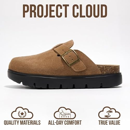 Project Cloud 100% Genuine Leather Platform Clogs for Women Footwear - Memory Foam Arch Support Cork Footbed Casual Shoes & Mules for Women 2025 (Benton Chunky, TAN, 10)