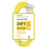 25 Foot Lighted Outdoor Extension Cord with 3 Electrical Power Outlets - 10/3 SJTW Yellow 10 Gauge C