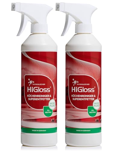 HiGloss Physikalischer Küchenreiniger 2er-Set 1l – Umweltfreundlicher Fett- und Schmutzlöser ohne Chemie, mit Clean2Go-Technologie, rückstandsfrei und wasserbasiert