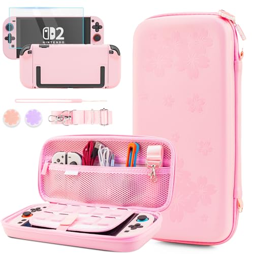 GLDRAM Pink Cherry Blossom Carrying Case for Nintendo Switch 2, Cute Girly Accessories with Sakura Travel Storage Bag, Hardshell Protective Cover, Screen Protector, Shoulder Wrist Strap & Thumb Caps