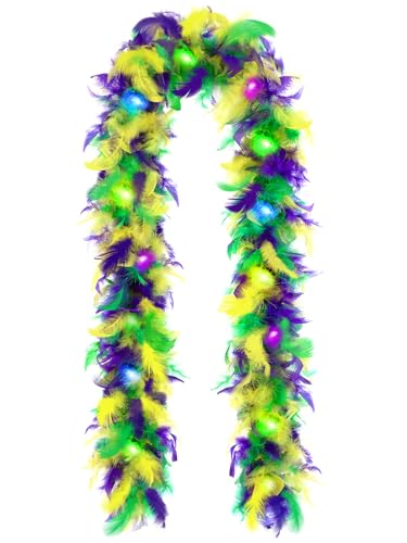 BOARDFEB 6 Ft Light Up Mardi Gras Feather Boa 50g Colorful 20 LED Lights Boas Feather Boa Costume Accessory Vivid Solid Color for Party Mardi Gras Masquerade Carnival Halloween Costume