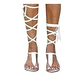 Gibobby Sandals for Women Dressy,Women Gladiator Sandals Flat,Summer Strappy Lace Up Open Toe Knee High Flat Sandal White