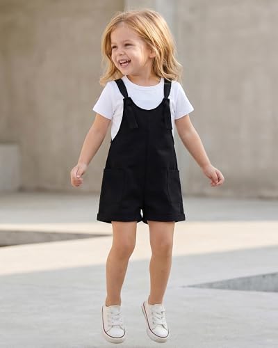 Image of HINTINA Toddler Girl Overall Shorts Set Adjustable Loose Jumpsuit Short Sleeve T-shirt Vacation Summer Outfits with Pockets