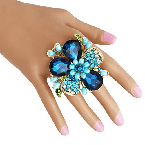 Rosemarie Collections Women's Stunning Statement Crystal Teardrop And Pave Petals With Simulated Pearl Flower Large Stretch Cocktail Ring (Blue Crystal Gold Tone) #TOP3