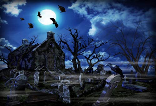 1,5x1m Foto Hintergrund Halloween Grusel Mondnacht Spukhaus Alter Baum Stone Tablet Gloomy Scary Fotografie Hintergrund fotoshoot