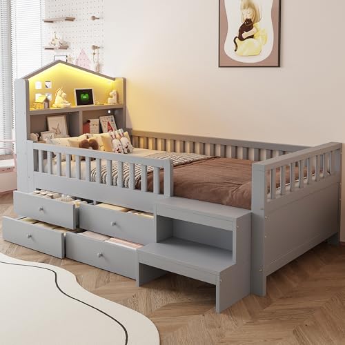 Cama individual de madera maciza con diseño seguro en gris 5