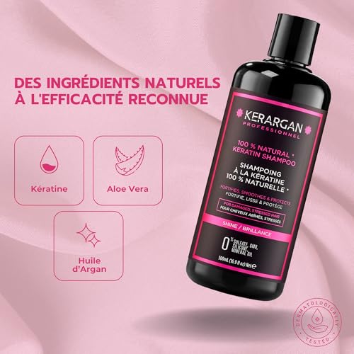 Kerargan - Shampoing Sans Sulfate à la Kératine pour Cheveux Abîmés et Stressés - fortifie, lisse et protège - Sans OGM, Silicone, Huile Minérale - 500ml – vue 3