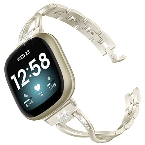 Wearlizer Compatible With Fitbit Sense/ Versa 3 Bands For Women Dressy Metal Wristband Strap Accessory Bling Rhinestone Bracelet Band For Smartwatch, Soft Gold #TOP23