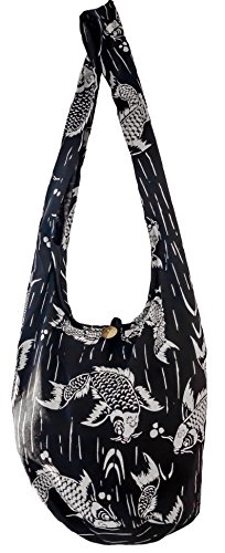 Sling Bag Cotton - Large Boho Hippie Hobo Handbag - 40 Prints - unisex Crossbody Bag (Black KOI Fish)