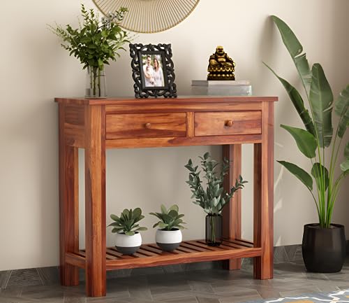 RATANDHARA FURNITURE Solid sheesham Wood Console Table for Living Room Hall Bedroom | Wooden enterance Table with 2 Drawers and one Shelves Console Table (Honey Finish)