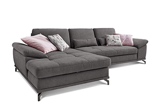 Cavadore L-Form-Sofa Castiel mit Federkern / Große Eckcouch mit Sitztiefenverstellung und XL-Longchair / 312 x 89 x 173 / Webstoff, Grau