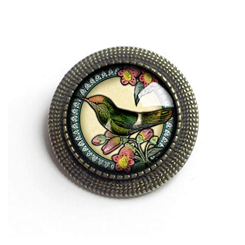 Hummingbird On Rose Glass And Brass Brooch #TOP3