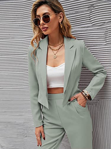 Makemechic Women's 2 Piece Outfits Single Button Long Sleeve Crop Blazer And Pants Set Mint Green L #TOP3