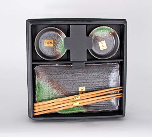 Hinomaru Collection 6 Piece Sushi Dinner Set Rectangular Sushi Plate Sauce Dish And Chopsticks Sushi Dinner Set For Two (Black Green) #TOP4