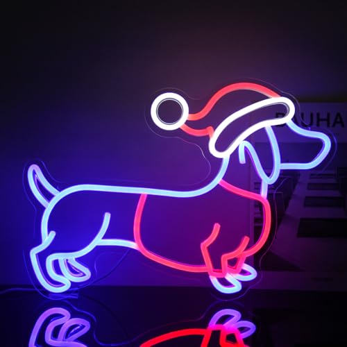 Image of Dachshund Neon Sign with Christmas Hat Weiner Dog LED Light for Party Decor