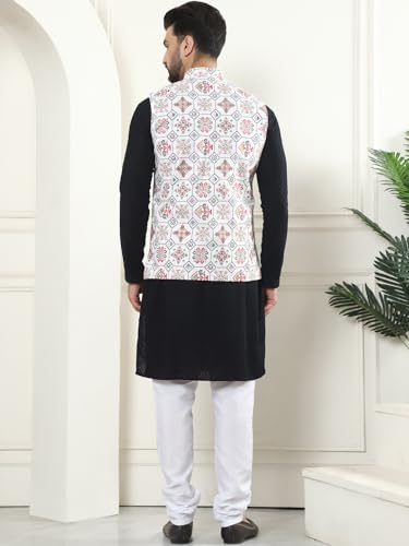 Image of SOJANYA (Since 1958 Men's Cotton Linen Maroon Kurta and White Pyjama with Mustard Cotton Nehru Jacket