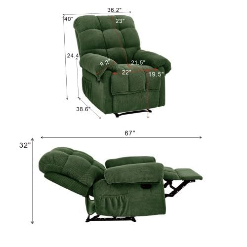 Image of Oversized Manual Recliner Chair with Side Pockets for Home, Green