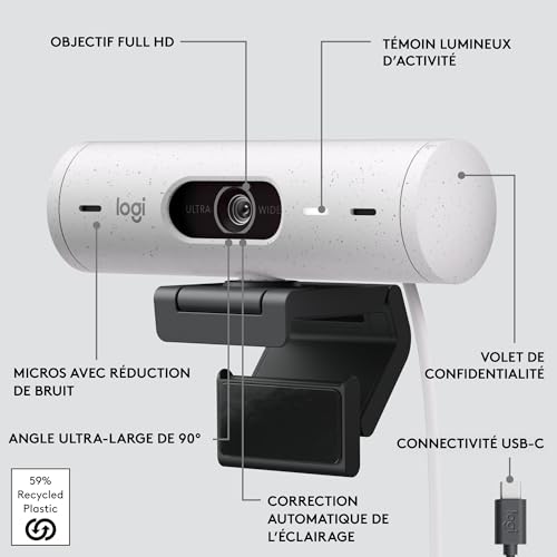 Logitech Brio 500 Webcam Streaming HD avec Expo Auto, Mode ’Show’, Deux Micros à Réduction de Bruit, Clapet Confidentiel, Compatible Microsoft Teams, Google Meet, Zoom, Câble USB-C - Blanc
