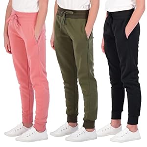3 Pack:Girls Fleece Joggers Soft Athletic Track Warmup Casual Sweatpants Clothes Little Sports Pajama Kids Clothing Youth Children Sweats Big Teen Running Elastic Pants Basketball-Set 4, M (10/12)