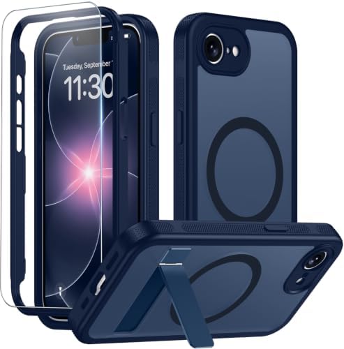 WAVELIFE for iPhone 17e Case & iPhone 16e Case, Built-in Kickstand,Included Glass Screen Protector, Compatible with MagSafe, Military Grade Shockproof, Full-Body Bumper Matte Phone Cover 6.1" -Blue