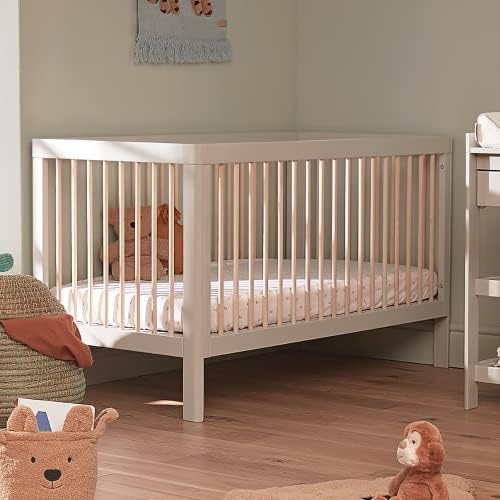 Lukas Grey Space Saver Baby Cot - Scandinavian Wooden Crib made with Natural Solid Birch Wood - Scandi Nursery Furniture with 3 Positions to grow with your Baby - Mattress sold separately (120x60cm)
