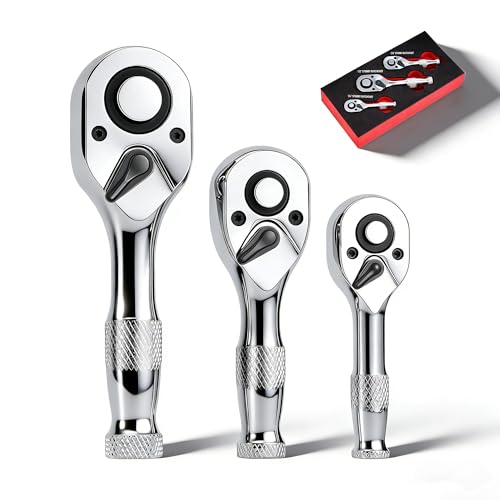 AutoViteX 3-Piece Stubby Ratchet Set, 1/4", 3/8", 1/2", 72-Tooth Mini Driver Ratchet Wrench Set, Chrome-Plating & Polishing, Quick-Release, EVA Environmentally Organizer