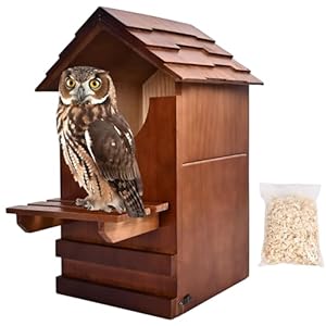 Large Owl House, 15” x 10” x 7” Wooden Screech Owl Nesting Box with Perch Platform, Large U-Shaped Opening, Mounting Screws and Wood Shavings, Suitable for Outside Backyard
