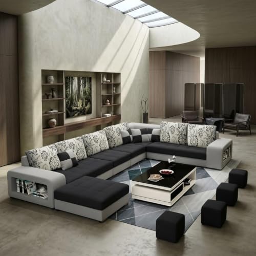 Image of Allister 12 Seater Sofa Set for Living Room (Black-Grey) | Interchangeable U Shape Sectional Sofa | Solid Wood Frame & High-Density Supersoft Foam | Includes Puffy & Stool | Modern Home Furniture