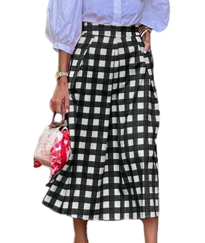 SOMTHRON Women's Summer Plaid Midi Skirt Elastic High Waist A Line Gingham Printed Flowy Work Office Long Skirt