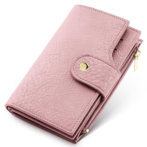 Women's Bifold Wallet, RFID Blocking Credit Card Holder with Zipper, Travel Cute Coin Pocket Wallet for Ladies, Pink