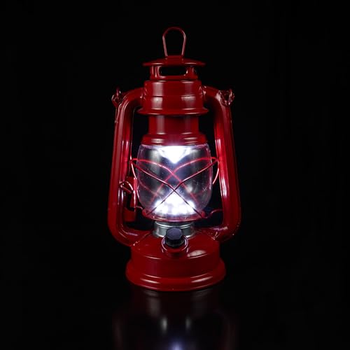 Image of Alpine Corporation 10 inch H Indoor /Outdoor Metal and Glass Hurricane Lantern with Dimmable LED Lights, Red