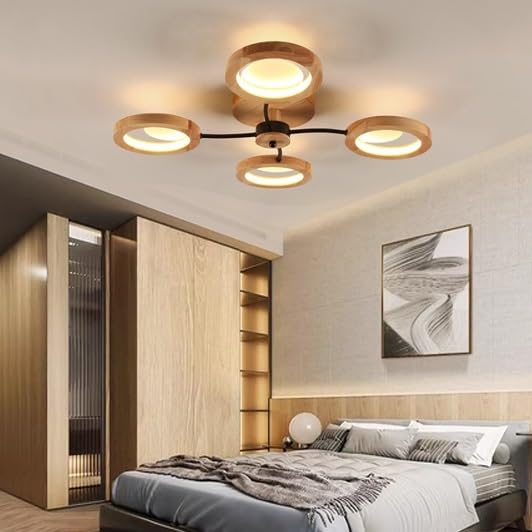 Trutipon LED Ceiling Light tri Color dimming Solid Wood Acrylic Vintage Light for Living Room Kitchen Bedroom [Energy Class B](4 Heads)
