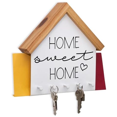 GEGUTON - Home Key Holder - Key Organizer, Wall Decoration, Creative Holder, Gift for Family, Fives Hooks, Made in Brazil, Home Sweet Home, Wooden Key Holder - White Cover