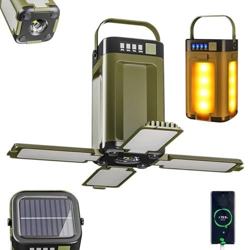 Solar Camp Light with Emergency, Lampe de camping solaire pliable à 4 branches, Lampe de tente LED rechargeable avec 6 modes et batterie externe, lampe étanche IPX4 pour jardin et extérieur