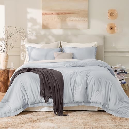 Image of Andency Light Grey Comforter Set Queen, 3 Pieces Boho Tassel Lightweight Bedding Comforter Sets, All Season Soft Fluffy Fringe Bed Set (90x90In Comforter & 2 Pillowcases)