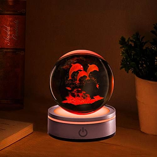 Zoneball Dolphin Crystal Ball Ornaments - 80mm 3D Laser Engraved Glass Ball Lamp with Changeable Colorful Light, Nice Birthday for Kids and Friends, Decent Ornament in Home and Office