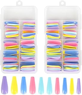 200Pcs Extra Long Press on Nails Ballerina Fake Nails Coffin Full Cover Acrylic False Nails Solid Color Full Cover Fake Nails for DIY Nail Art Salon(5 Colors, 10 Sizes)
