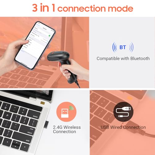 Tera Pro kabelloser 2D-Barcode-Scanner, Bluetooth, QR-Code-Leser mit Ständer, 2.200 mAh, schnelles und präzises Scannen, HW0002