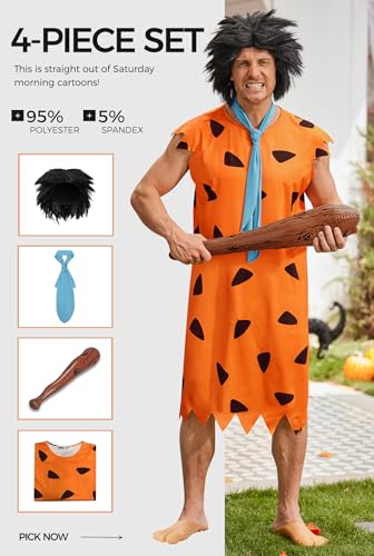 Arvilhill Fred Funny Costume Adult Caveman Halloween Masquerade Theme Party Outfit Classic Cozy Orange Tunic set with Wig Inflatable Club Prehistoric Cartoon Characters Big Tall Cosplay XXXXL